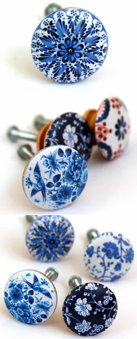 5-minute designer knobs. Although this author leaves out a number of actual 'decoupage' steps, these are a fairly easy and nifty re-do of plain wooden furniture knobs. Anthropologie Knobs, Wood Drawer Knobs, Hardware Ideas, Hand Painted Dressers, Diy Knobs, Drawer Furniture, Mod Podge Crafts, Decoupage Wood, Decoupage Diy