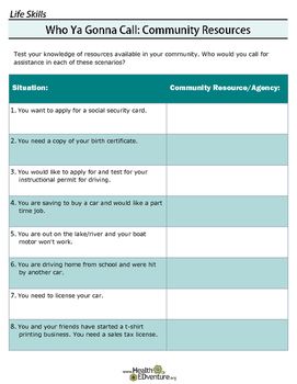 This activity provides a tool for students in learning which community resource or agency they can call when they need information or assistance. The questions asked will challenge students to think independently and to analyze the situation/problem and where and how to get the needed assistance in... Life Skills For Teens, Community Resources, Life Skills Class, Life Skills Lessons, Life Skills Classroom, Living Skills, Life Skills Activities, Group Ideas, Independent Living