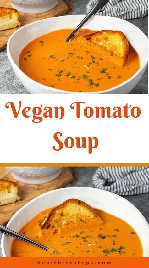 I decided to prepare this warm, light, and comforting dish that is similar to canned tomato soup. It is so easy to prepare, with ingredients that more than likely you already have on hand. I used canned tomatoes, dried herbs (dried herbs are more potent than fresh herbs), and cashews for the creamiest non-dairy tomato soup recipe. Vegan Tomato Soup Recipe, Vegetarian Tomato Soup, Homemade Vegetable Broth, Vegan Tomato Soup, Hearty Vegetable Soup, Canned Tomato Soup, Vegan Grilling, Canned Tomatoes, Creamy Tomato Soup