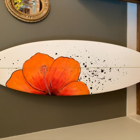 Orange hibiscus painted for Bonefish Boards Surf Boards Painting, Surf Board Painting Ideas, Surf Board Painting, Surfboard Design Ideas Board Art, Painting On Surfboard, Aesthetic Surfboard Design, Flower Surfboard, Hibiscus Surfboard, Hibiscus Flower Surfboard