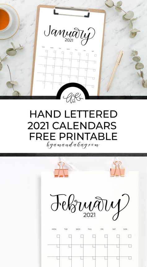 Free 2021 printable calendars featuring a hand lettered title and modern look. #freeprintable #calendars #2021 Calendar Lettering, Pretty Fonts Alphabet, Amanda Kay, Free Printable Calendars, Organization Notes, Digital Calligraphy, Faux Calligraphy, Printable Calendars, School Organization Notes