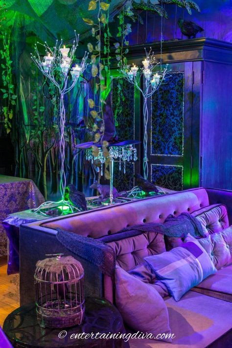 Maleficent Party Decor Ideas #entertainingdiva #halloween #maleficentparty #halloweenindoordecor #halloweenscenesetters Games Party Ideas, Halloween Scene Setters, Maleficent Cake, Halloween Candy Buffet, Maleficent Party, Maleficent Halloween, Green Christmas Lights, Fantasy Party, Party Decor Ideas