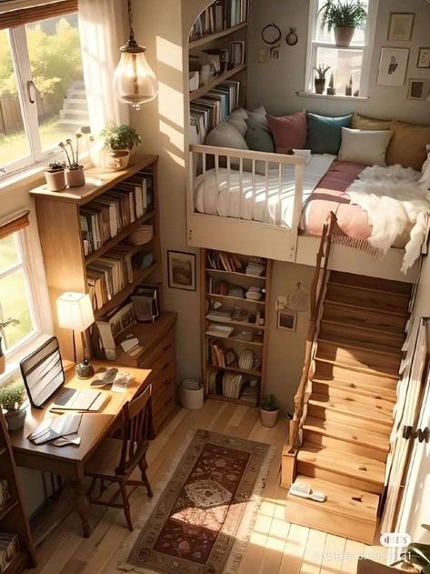 Loft Room Aesthetic, Boho Tiny House, One Room House, Tiny Home Layout, Japanese Style Tiny House, Loft Studio Apartment, Tiny House Loft, House Loft, Tiny House Inspiration