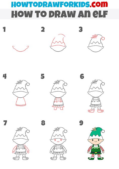 How to Draw an elf by step How To Draw An Elf For Kids, How To Draw A Christmas Elf, How To Draw An Elf Step By Step, Simple Elf Drawing, How To Draw An Elf, Easy Elf Drawing, Nail Steps, Drawing Ideas People, Elf Drawing