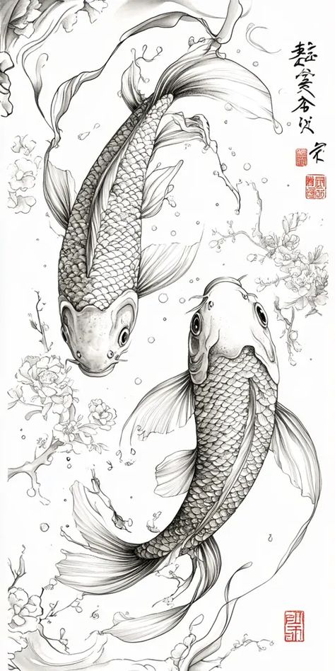 Detailed, realistic line drawing of two koi fish in a pond. Kio Fish Drawing, Koi Cake, Koi Fish Pisces, Koi Sketch, Fish Line Drawing, Koi Drawing, Koi Fish Line Art, Koi Fish In A Pond, Koi Fish Drawing Tattoo