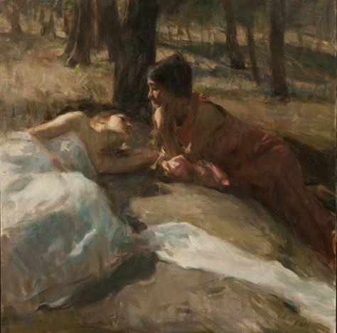 Ron Hicks, Twilight Conversation, oil, 30 x 30. Ron Hicks, Rennaissance Art, Lesbian Art, Queer Art, Tableau Art, Wow Art, Old Paintings, Romantic Art, Ethereal Art