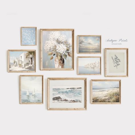 Muted Set of 9 Coastal Prints, Vintage Light Blue Aesthetic Gallery Wall Set, Beach Painting, Summer Decor, Seascape 9 Wall Art - PRINTABLE #1215 This beautiful vintage gallery wall set is an instant and printable digital download for your home decor. A perfect painting set from 1800's to hang as kitchen decor, living room print or bedroom wall art. The neutral tones are perfectly compatible with a stylish and modern interior and create a beautiful trend look for your home.  We offer a free resi Southern Wall Art Home Decor, Cute Beach Decor, Light Blue Coastal Aesthetic, Wall Decor Pictures Collage, Coastal Wall Prints, Light Blue Office Walls, Wall Decor Inspo Bedroom, Beach Aesthetic Decor, Coastal Bedroom Wall Decor