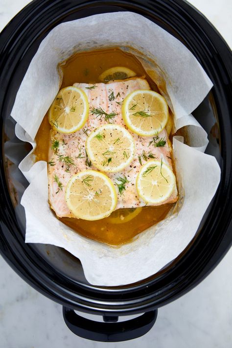 Slow-Cooker Salmon - Delish.com Crockpot Salmon, Slow Cooker Brownies, Crockpot Recipes For Two, Slow Cooker Salmon, Slow Cooker Bolognese, Fish Dinners, Best Crockpot Recipes, Fish In The Sea, Crockpot Dinners