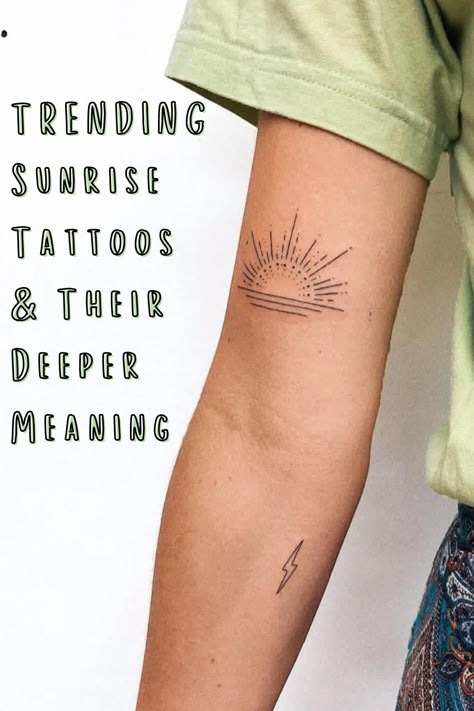 Trending Sunrise Tattoos & Their Deeper Meaning - Tattoo Glee Sunset And Ocean Tattoo, Sunrise Tattoo Meaning, Tattoo Healing Ideas, Meaning Of Sun Tattoo, Ocean Family Tattoos, Half Sunset Tattoo, Half Sun Back Tattoo, Sun Over Ocean Tattoo, Sunrise And Wave Tattoo