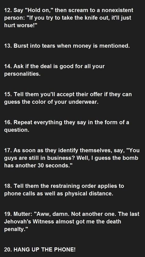 Funny Things To Say To Telemarketers, Prank Call Ideas Friends, Funny Things To Call Your Best Friend, Prank Calls Ideas Funny, Things To Call Tall People, Prank Call Ideas Funny, Funny Ways To Answer Spam Calls, Things To Do On Call With Friends, Prank Call Scripts