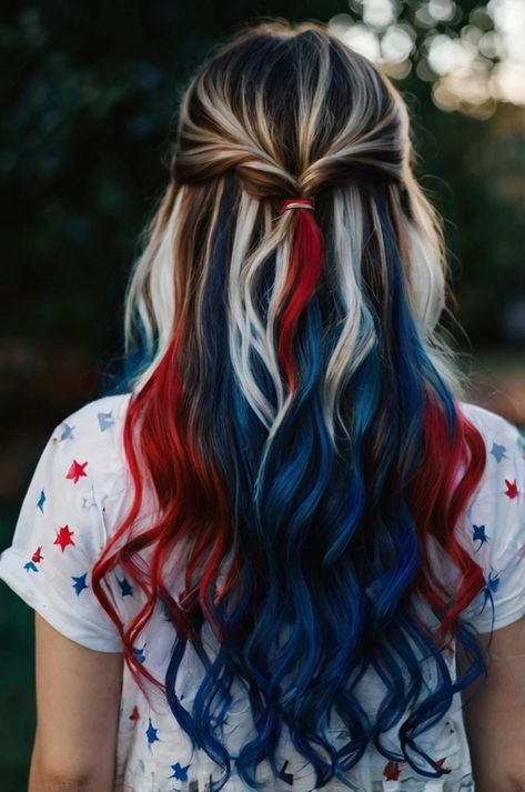 Back view of a girl with long, wavy hair featuring red, white, and blue highlights for a festive 4th of July look. Red Hair With Blue Underneath, Red White And Blue Hairstyles, White And Blue Highlights, Patriotic Hairstyles, Red And Blue Hair, Red White And Blue Hair, Blue And Red Hair, White And Blue Hair, Color Melting Hair