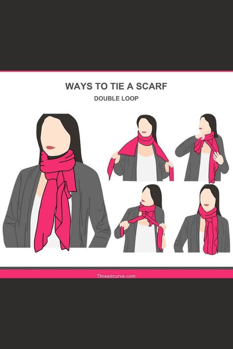 Learn how to do a double loop and 19 different ways to tie a scarf. How to tie a scarf in double loop? Extended length-wise, wrap the scarf around your neck two times. Leave long equal tails to the scarf on either side of your wrap. slide the scarf, so one side of the scarf tail is longer than the other. Take the long end of the scarf and knot it around the shorter side of the scarf. Check out the other ways of tying a scarf in this step-by-step illustration collection. How To Fold Scarf, Tying A Scarf, Scarf Drawing, Ways To Tie A Scarf, Scarf Wearing, Scarf Wearing Styles, Wearing A Scarf, Ways To Tie Scarves, Tie Scarves