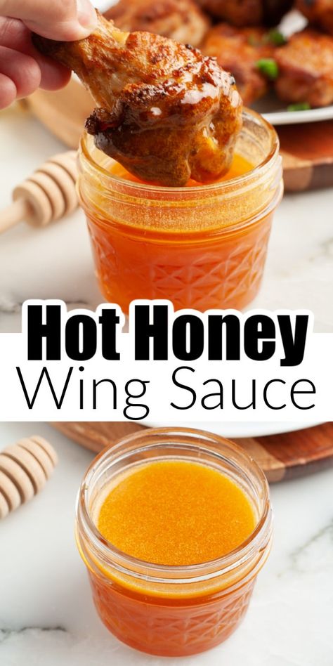 Hot honey wing sauce makes a delicious dip or coating for chicken wings and more. Made with just 3 ingredients, this hot honey sauce can be made in minutes. Honey Hot Wing Sauce, Honey Wing Sauce, Homemade Hot Wings, Chicken Wing Dipping Sauce, Honey Sauce For Chicken, Hot Wing Sauce Recipe, Honey Sauce Recipe, Hot Wing Sauce, Chicken Wing Sauce Recipes