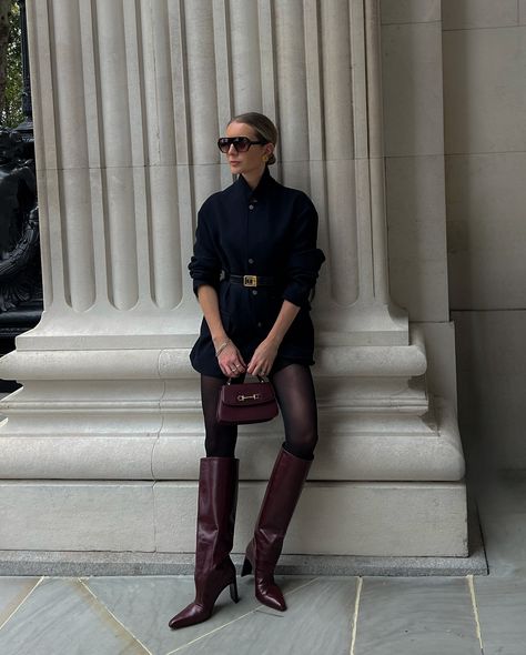 When the jacket IS the outfit 👌🏼 #kneehighboots #burgundy #fallfashiontrends #shortskirt #miniskirts #armani #quietluxury #autumnoutfitideas Burgundy Boots Outfit Winter, Riding Boots Outfit, Burgundy Boots Outfit, Riding Boot Outfits, Maroon Boots, Winter Boots Outfits, Outfit Tips, Burgundy Boots, Outfit Winter