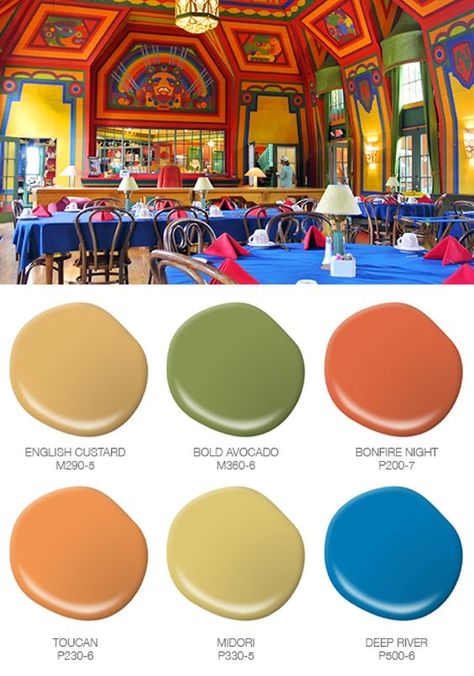 Bring the colorful hues of traveling close to home with these BEHR paint beauties. See how the vibrant colors of Naniboujou have inspired this yellow, orange, green, and blue color palette that will look amazing in a kitchen or work space to give an uplifting sensation. | Featured BEHR paint English Custard, Bold Avocado, Bonfire Night, Toucan, Midori, and Deep River.: English Custard, Mexican Color Palette, Green And Blue Color Palette, Mexican Interiors, Southwest Colors, Mexican Colors, Mexico House, Deep River, Blue Color Palette