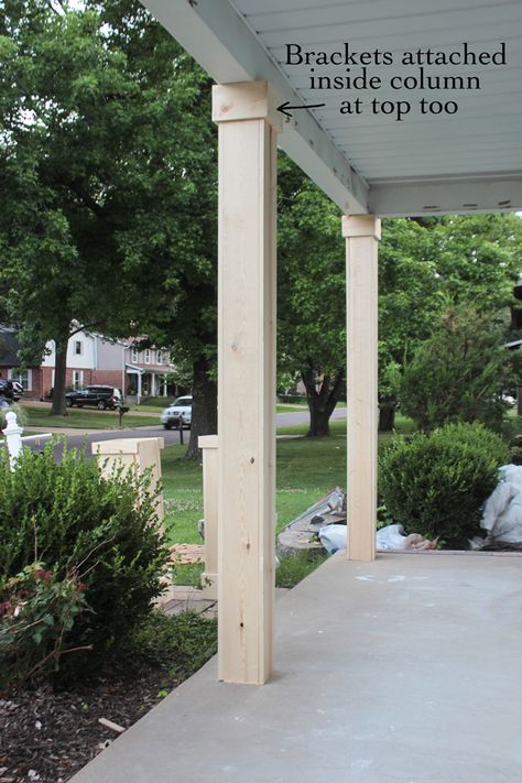 How to wrap existing porch columns in stained wood and build a craftsman style base unit to add character and curb appeal to your front porch. Craftsman Style Porch, Front Porch Posts, Front Porch Columns, Porch Kits, Front Porch Makeover, Porch Remodel, Building A Porch, Porch Columns, Porch Posts