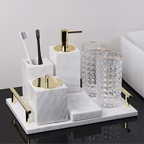 Bathroom Tray Decor, Marble Bathroom Accessories, Bathroom Counter Decor, Bathroom Accessories Luxury, Gold Bathroom Accessories, Restroom Decor, Counter Decor, Bathroom Tray, Bathroom Accessories Sets