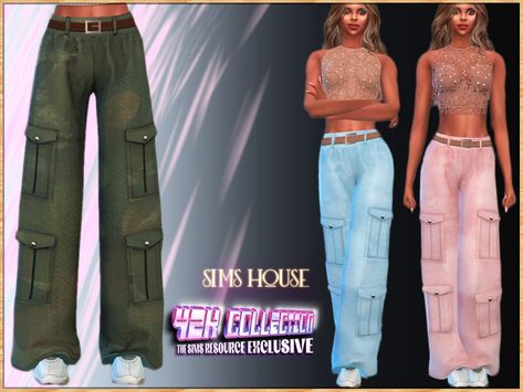 The Sims Resource - WOMEN'S WIDE CARGO PANTS Sims 4 Cc Pants, Clothing Sims 4 Cc, Wide Cargo Pants, The Sims Houses, Sims Clothes, Sims Houses, Cc The Sims 4, Green Cargo Pants, Sims 1