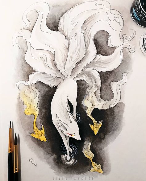 Dragons Fantasy Art, Alvia Alcedo, Fox Tattoo Design, Fox Artwork, Japanese Mythology, Nine Tailed Fox, Fox Tattoo, Canine Art, Japanese Tattoo Art