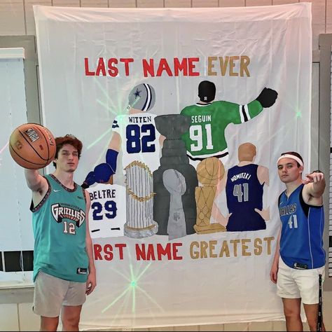 This is my favorite banner I’ve ever painted. It features Dallas greats from 4 major sports as well as championship trophies. It was a great party, more pics on my insta @ ajmoreno44. Frat Banner Ideas, Frat Banner, Hunting Themes, Jersey Party, Frat Parties, Banner Ideas, Sports Theme, Party Banner, Banners