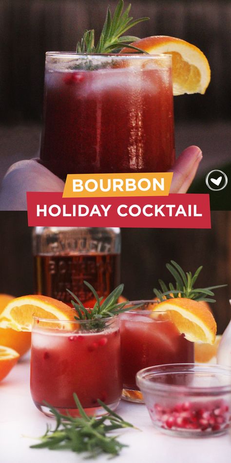 Bourbon Holiday Cocktail Bourbon New Years Cocktail, Pomegranate Bourbon Cocktail, Cocktail Recipes For A Crowd, Pomegranate Cocktails, Bourbon Cocktail Recipe, New Years Cocktails, Christmas Drinks Alcohol, Bourbon Cocktail, Batch Cocktails