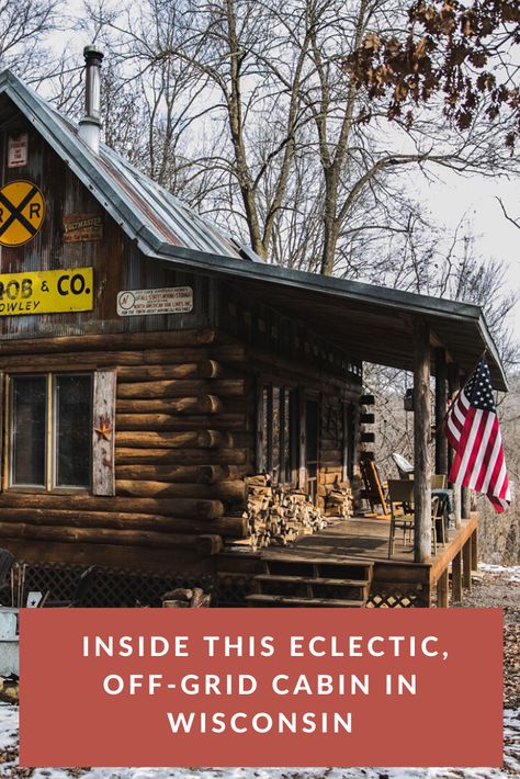 This eclectic, off-grid cabin in Wisconsin is packed with clever ideas. Plus, the full details on the cost, construction, and timeline! #cabin #homebuilding #rustic #offgrid #cozy Rustic Off Grid Cabin, Offgrid Home Cabin, Off Grid Cabin Ideas, Small Cabin Interiors Rustic Simple, Off Grid Cabin Interior, Small Cabin Decorating Ideas, Eclectic Cabin, Off The Grid Cabin, Cabin Interiors Rustic