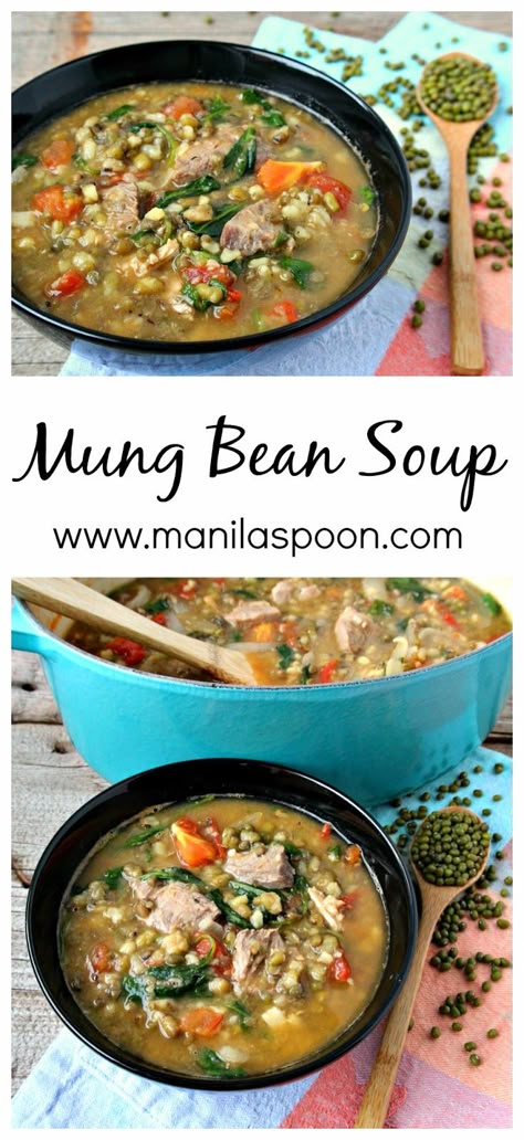 With mung beans, spinach, tomatoes and meat this hearty and healthy soup is filling and delicious! Freezable, too. #munggo Mung Bean Soup | manilaspoon.com Mung Bean Recipes, Mung Bean Soup, Soup Beans, Spinach Soup, Filipino Foods, Filipino Dishes, Mung Bean, Filipino Food, Bean Soup