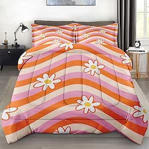 Pamnest Comforter Set Queen Size, Daisy Retro Orange Soft Bedding Set for Kids and Adults, Pink Hippie Aesthetic Comforter Set with 2 Pillowcases, for Bedroom Bed Decor Pink Hippie Aesthetic, Cowgirl Bedding, Bedroom Bed Decor, Aesthetic Comforter, Groovy Bedroom, Funky Bedroom, Big Girl Bedrooms, Retro Bedrooms, Hippie Aesthetic