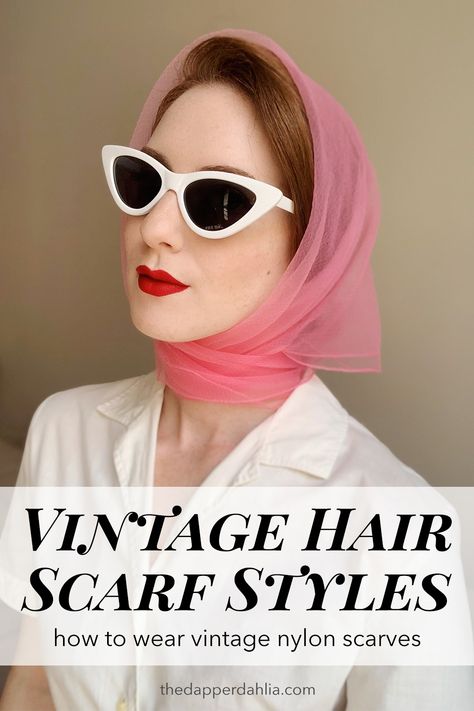 Add retro glam to summer hairstyles with a vintage scarf! These are my favorite ways to wear vintage nylon scarves. • The Dapper Dahlia 🌸 #retrohair #vintagehair #retrostyle #vintagestyle #hairscarf #scarfstyle 1950s Head Scarf, Vintage Hair Scarf, Head Scarf Outfit, Head Scarf Tutorial, Scarf Aesthetic, Winter Scarf Fashion, Scarf Ideas, Head Scarf Tying, Silk Scarf Hair