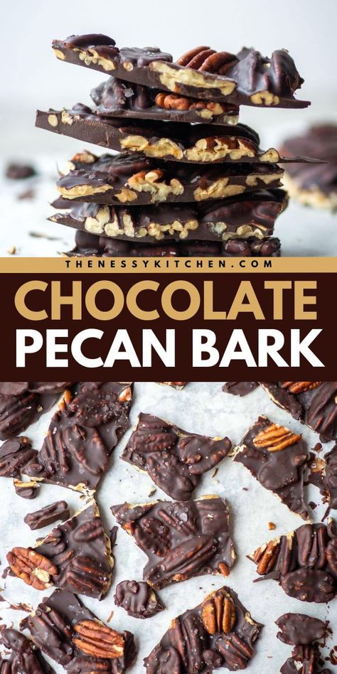 Craving a yummy treat? Here's a simple no-bake recipe for a chocolate bark with nuts! 4 ingredients are all you need for this easy dessert idea. Delicious and fun to eat, this is the BEST Chocolate Pecan Bark! Pecan Bark Recipe, Pecan Bark, Bark Recipes Easy, Easy Dessert Idea, Chocolate Covered Pecans, Bark Recipes, Chocolate Bark Recipe, Chocolate Candy Recipes, Bake Sale Recipes