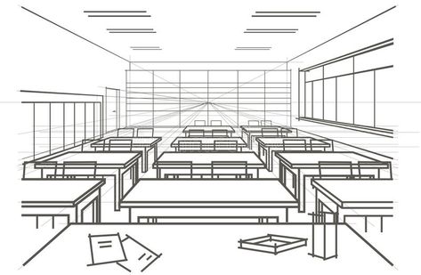 Classroom Sketch, Perspective Illustration, Classroom Architecture, Interior Architecture Sketch, Classroom Interior, School Drawing, Perspective Sketch, Perspective Drawing Architecture, Perspective Drawing Lessons