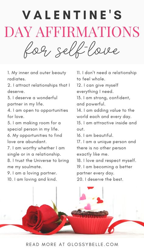 Valentine's Day isn't just for couples but it's also a day to celebrate your relationship with yourself. Practice these 30 Valentine's Day affirmations for more self-love. | self-esteem | confidence | self-worth | self love affirmations | valentines day affirmation | positive affirmations for valentine's day | positive affirmations valentines | boost your confidence | self-love affirmations #selflove #selfesteem #selfconfidence #confidence #selfworth #valentinesday #valentines #affirmations Valentine’s Day Affirmations, Valentines Affirmations, Valentines Self Care, February Affirmations, Self Love Valentines Day, Calming Affirmations, Night Affirmations, Day Affirmations, Happiness Affirmations