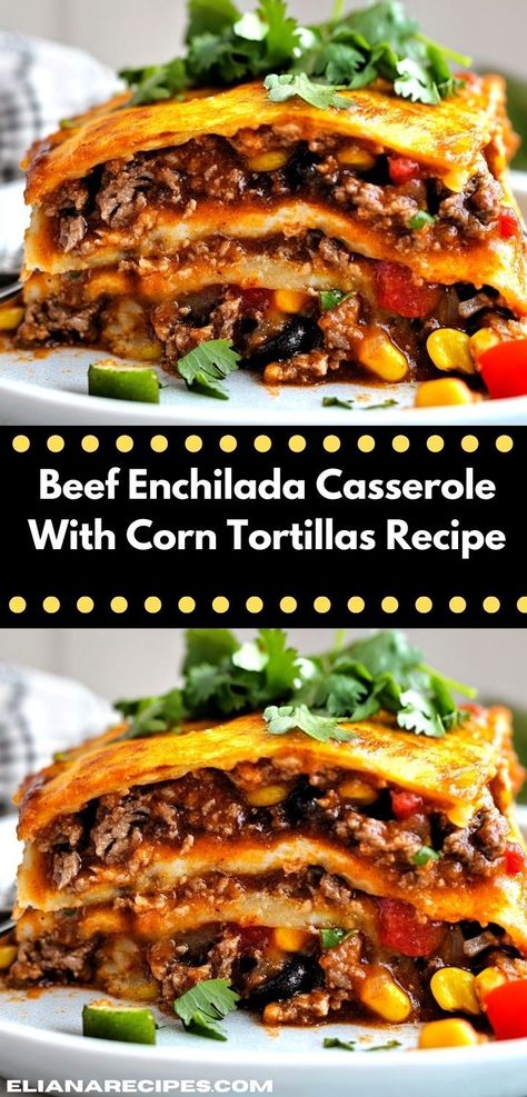 Need a quick beef dinner? This Beef Enchilada Casserole With Corn Tortillas is not only simple to make, but it's also bursting with flavor, making it a go-to option for busy weeknights. Layered Mexican Tortilla Casserole, Ground Beef Cheesy Enchiladas, Simple Enchilada Casserole, Corn Tortilla Enchilada Casserole, Quick Enchilada Recipe, Ground Beef Enchilada Casserole Easy, Mexican Casseroles Using Ground Beef, Beef Enchilada Casserole Corn Tortillas, Corn Tortilla Meals