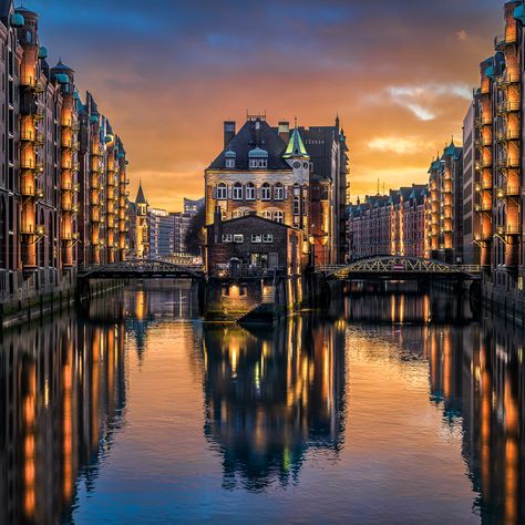 Sunset in the famous Speicherstadt in Hamburg, Germany Germany Holiday, Germany Hamburg, Beautiful Germany, Places In Germany, Europe Bucket List, Glass Print, Hamburg Germany, Places Around The World, Most Beautiful Places