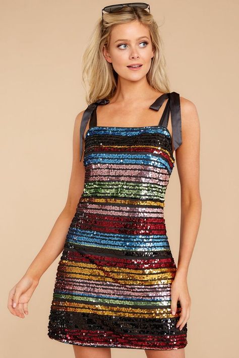 Colors Of You Sequin Stripe Dress Short Black Sequin Dress, New Years Eve Party Outfit, Multi Color Sequin Dress, Rainbow Sequin Dress, New Years Eve Party Outfits, Stylish Street Style, A Prom Dress, Red Dress Boutique, Rainbow Dress