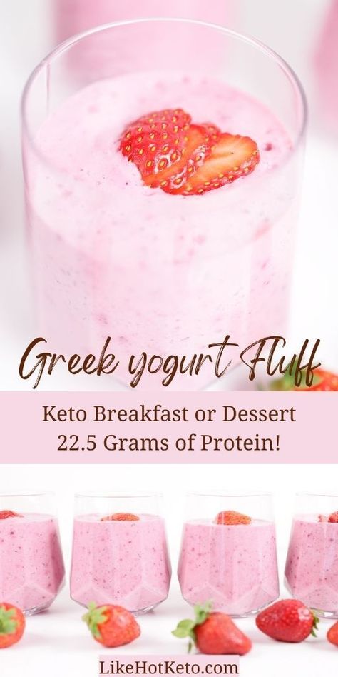 Keto Greek yogurt and protein mousse fluff in serving glass garnished with strawberries. Greek Yogurt Fluff, Protein Gelatin Recipes, Keto Greek Yogurt, Protein Pudding Greek Yogurt, Protein Fluff Recipe, Greek Yogurt With Protein Powder, High Protein Low Carb Recipes Breakfast Greek Yogurt, Protein Fluff No Xanthan, Protein Desserts Low Carb