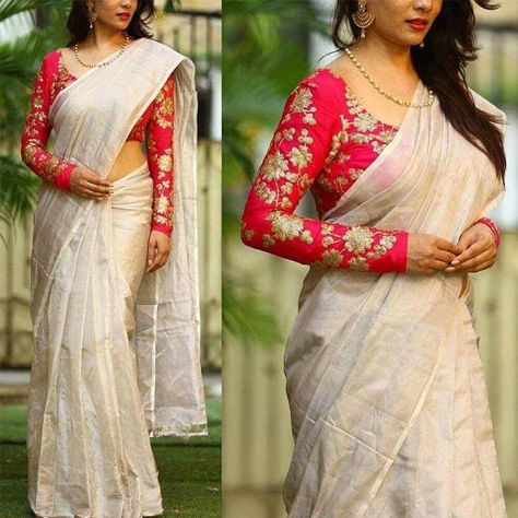 Sleeve Blouse Designs, Full Sleeves Blouse Designs, Kerala Saree Blouse, Kerala Saree Blouse Designs, Cotton Blouse Design, South Silk Sarees, Kerala Saree, Collection Ideas, Sari Blouse Designs