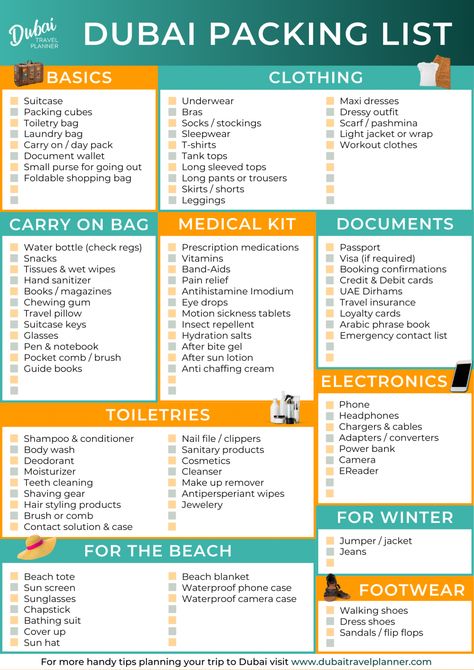 What to pack for Dubai: Ultimate Dubai Packing List | Dubai Travel Planner Travel Capsule Wardrobe Dubai, Dubai Travel List, Packing List For Dubai, Travel To Dubai Packing Lists, Moving To Dubai Checklist, Things To Wear In Dubai, Dubai Travel Checklist, Packing For Dubai, Dubai To Do List