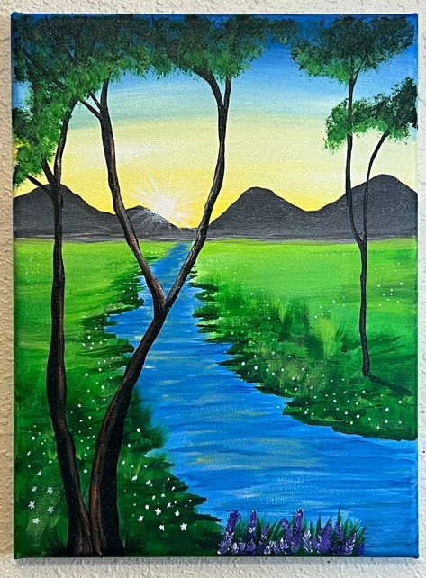 Inspired By Tracie Kiernan. Acrylic painting done on a 9x12 inch stretched canvas with a gloss protective finish. Comes with a sawtooth hanger on the back for easy display. Nature Drawing With Color, Creek Painting Easy, Nature Painting Ideas Easy, Nature Paintings Acrylic Easy, Spring Landscape Painting Easy, Easy Landscape Ideas Painting, Easy Acrylic Painting Ideas On Canvas, Landscapes To Paint, Spring Season Scenery Drawing