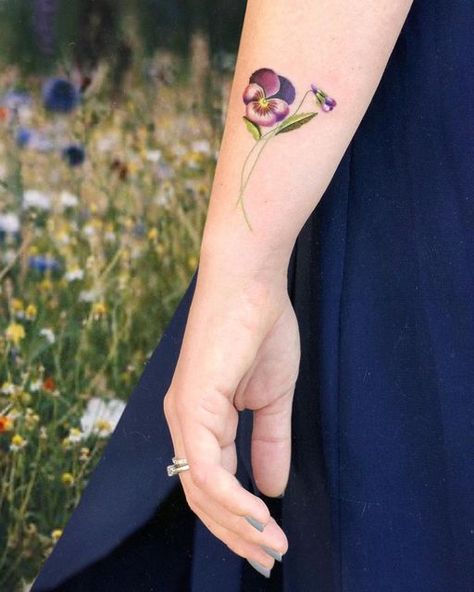 Briana Robinson on Instagram: "The pansy flower symbolizes the love or admiration of one person for another 💜💜💜" Pansy Tattoo Design, Pansy Flower Tattoo, Wildflower Tattoo Sleeve, Clef Tattoo, Pansy Tattoo, Train Tattoo, Treble Clef Tattoo, Wrap Tattoo, Wildflower Tattoo