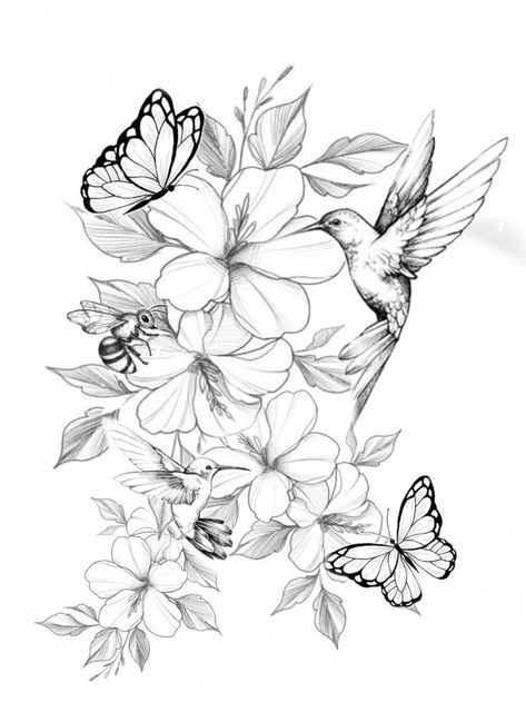 Humming Tattoo Bird With Flowers, Hummingbird Tattoo With Lilies, Butterfly And Vine Tattoo Design, Line Art Tattoos Flower, 2 Hummingbirds Tattoo, Bird With Flowers Tattoo, Big Thigh Tattoos For Women, Flower Arm Sleeve Tattoo, Hummingbird Sleeve Tattoo