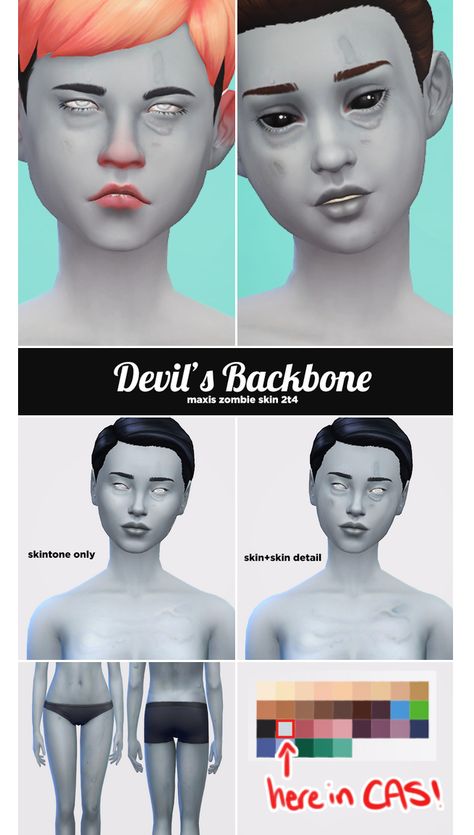 DEVIL'S BACKBONE - MAXIS ZOMBIE SKIN 2T4 - PYXIS SIMS Demon Teeth, Zombie Skin, Cc Skin, Vampire Stuff, Sims Stories, Demon Days, Skin Details, Sims 4 Cc Skin, Sims 4 Cc Folder