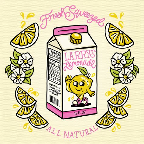 illustrated carton of lemonade with vintage inspired packaging hand lettering, typography, juice box, juice carton, lemon character vintage Juice Box Reference, Juice Box Drawing, Juice Box Illustration, Lemonade Packaging, Juice Cartoon, Lemon Character, Juice Illustration, Juice Poster, Lemon Illustration