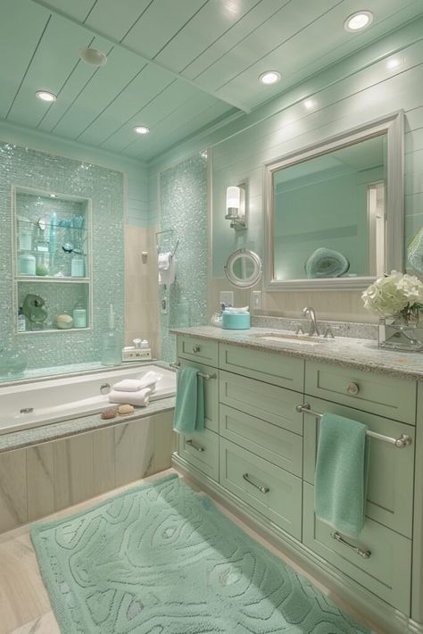 Matching Light Fixtures, Frosted Glass Shower Doors, Coastal Bathroom Ideas, Sophisticated Coastal, Sparkle Bathroom, Ocean Bathroom, Sea Glass Mosaic, Tropical Bathroom, Coastal Bathroom