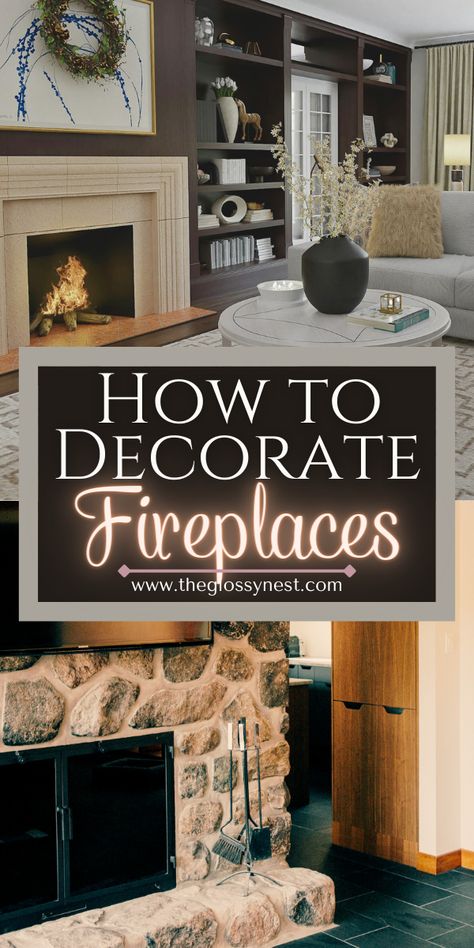 how to decorate fireplaces How To Decorate A Mantle Fireplaces, Brick Fireplace Mantle Decor, Lantern Fireplace Decor, Boho Fireplace, Bedroom Fireplaces, Brick Fireplace Mantles, Fireplace Hearth Decor, Easy Fireplace, Above Fireplace Ideas