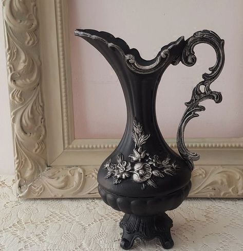 Gothic Country Decor, Black Victorian Decor, Occult Home Decor, Gothic Home Accessories, Victorian Table Decor, Gothic Ceramics, Shelf Decor Black, Gothic Vase, Gothic Farmhouse Decor