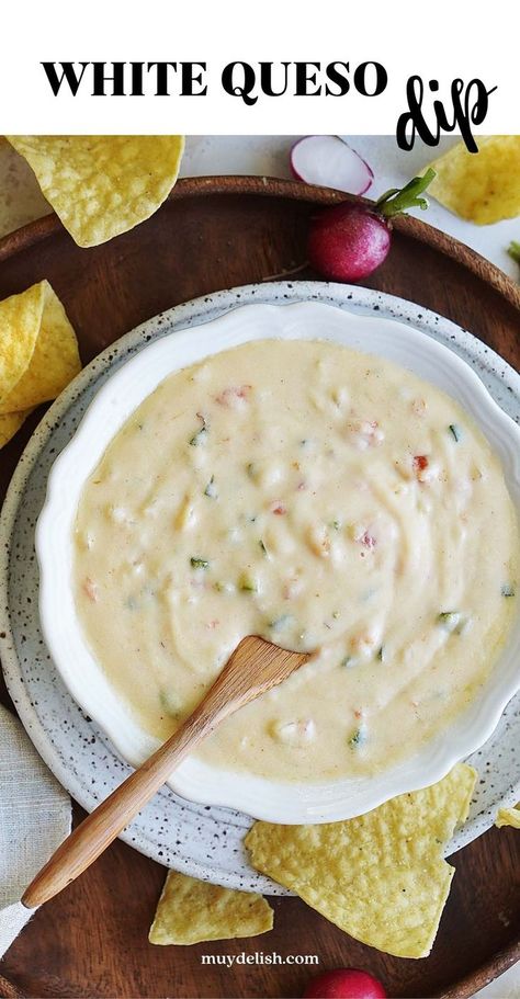 A bowl with cheese dip and tortilla chips on the side. Tostitos Queso Blanco Dip Recipes, Quest Blanco Recipes, Quest Blanco Dip, Queso Blanco Dip Velveeta, Spinach Queso Dip, Muy Delish, Queso Blanco Recipe, White Queso Recipe, Queso Cheese Dip