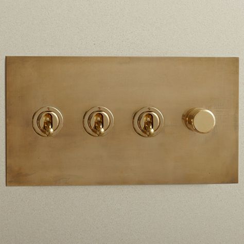 Experience the perfect fusion of functionality and classic design with Forbes & Lomax's Combination Rotary Dimmer and Toggle Switches. This elegant solution merges the timeless charm of 1930s brass and nickel switch designs with modern practicality. Each set features a smoothly adjustable rotary dimmer alongside a straightforward toggle switch, delivering both ease of use and a refined aesthetic. Designed for versatility, these combination switches cater to diverse lighting needs. The rotary dim Gold Toggle Light Switch, Brass Toggle Light Switch, Unique Light Switches, Modern Switches, Gold Light Switch, Brass Sockets, Vintage Light Switches, Lighting Ambiance, Brass Interior