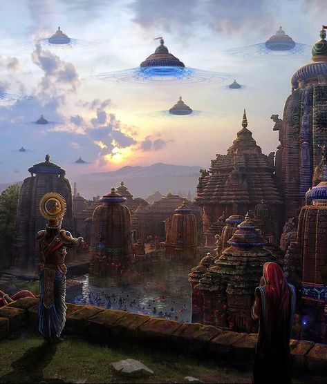 Sci-fi & Fantasy Atmospheres shared a photo on Instagram: “The arrival of Vimanas! Visit scifiatmospheres.com for today's best and affordable Sci-fi & Fantasy…” • See 435 photos and videos on their profile. African City Fantasy Art, India Fantasy City, Futuristic Indian City, Aetherpunk Outfit, African Fantasy City, Aetherpunk Aesthetic, India Architecture, Ancient Indian Architecture, Lights Artist