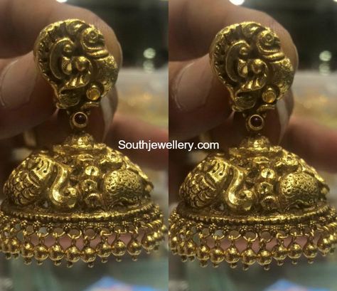 Antique Gold Jhumkas Temple Jewelery, Gold Jhumkas, Temple Jewellery Earrings, Gold Jhumka, Jewellery Bridal, Antique Jewellery Designs, Jewellery Wedding, Gold Jewelry Simple Necklace, Jewelry Designing